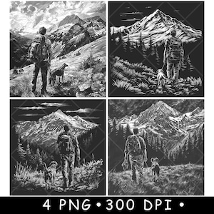 Mann und Hund Wandern Outdoor Trekking Berglandschaft Laser File Coaster Brennen Graustufen Schiefer PNG Bild Gravieren Schwarz Weiß Etch CO2 Cnc