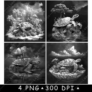 Fantasy Sea Turtle Island Laser Engraving Black White Ocean Turtle Designs Floating World Scenes