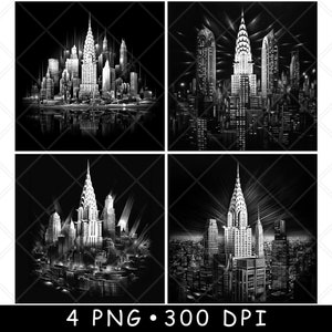 Grattacielo Chrysler Building New York Manhattan Paesaggio File Laser Sottobicchiere Brucia Scala di Grigi Ardesia Immagine PNG Incisione Nero Bianco Incisione CO2 CNC