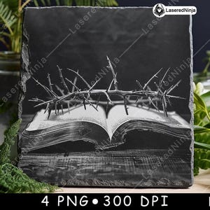 Bijbel kroon doornen christelijk religieus geloof open boek laserbestand onderzetter branden grijstinten leisteen PNG-afbeelding graveren zwart wit etsen CO2 CNC