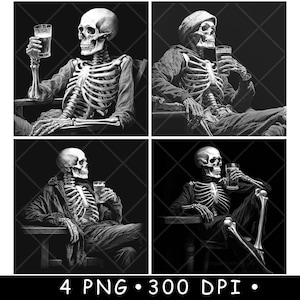 Peut inclure: Quatre illustrations numériques d'un squelette assis sur une chaise et tenant un verre de liquide. Le squelette porte un chapeau sur une image. L'arrière-plan est noir.