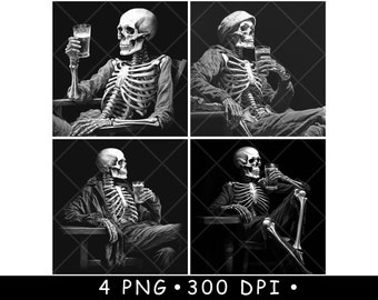 May include: Four digital illustrations of a skeleton sitting in a chair and holding a glass of liquid. The skeleton is wearing a hat in one image. The background is black.