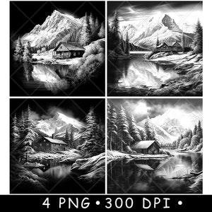 Rustiek blokhut Meer Alpen Berg Winter Dennenbos Laserbestand Onderzetter Branden grijstinten leisteen PNG-afbeelding graveren zwart wit etsen CO2 CNC