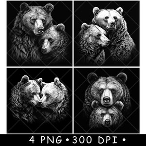 Couple d'ours grizzli brun famille parent prédateur de la forêt fichier laser dessous de verre graver en niveaux de gris ardoise image PNG graver noir blanc gravure CO2 Cnc