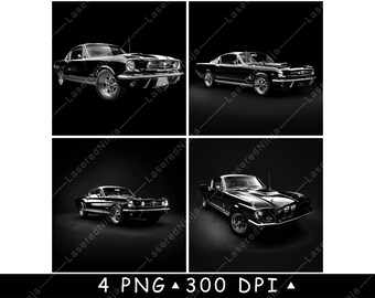 May include: Four black and white images of a classic Ford Mustang. Each image showcases a different angle of the car, highlighting its sleek design and iconic features. The images are set against a dark background, emphasizing the car's silhouette.