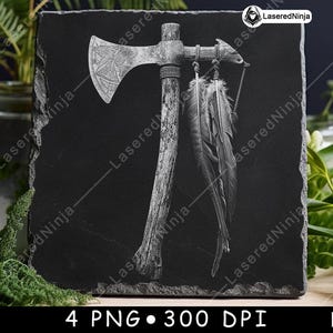 Tomahawk Clipart-paket | Svartvita yxa-PNG:er med fjädrar för lasergravering