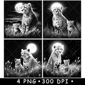 Op de afbeelding: Een digitale zwart-wit illustratie van een moedercheetah en haar jong die in een veld met hoog gras onder een volle maan zitten. De cheetah en haar jong kijken naar de maan.