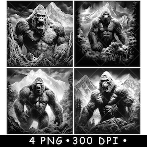 Gorilla King, Scimmia Gigante, Montagna, Paesaggio, Silverback, Kong, Laser File, Sottobicchiere, Brucia, Scala di grigi, Ardesia, Immagine PNG, Incisione, Nero, Bianco, Incisione, CO2, CNC