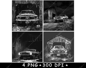 May include: Four black and white images of a classic Ford Mustang car in different settings. The car is parked in front of a barn, in a garage, and in a field. The images are in a vintage style.