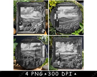 Vintage Window Grapes Wine Bottle Countryside Vineyard Laser File Coaster Burn Grayscale Slate PNG Image Engrave Black White Etch CO2 Cnc