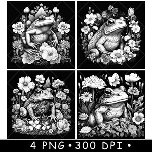 Grenouille ouaouaron amphibie floral coassement grenouille des marais sous-verres fichier laser ardoise gravure Images PNG noir blanc, phosphorescente, lightburn, CO2, CNC
