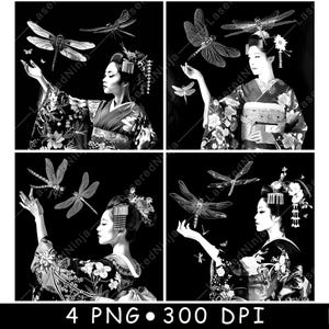Geisha japon kimono libellules femme traditionnelle artiste fichier laser dessous de verre graver en niveaux de gris ardoise image PNG graver noir blanc gravure CO2 Cnc