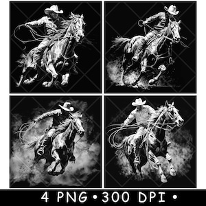 Cowboy Pferd Abseilen Pferd Fahrt Rodeo Old West Lasso Untersetzer Laser-Datei Schiefer Etch Gravieren Schwarz Weiß PNG-Bilder, Glowforge, LightBurn, CO2, Cnc