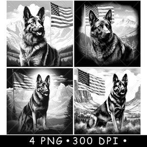 Deutscher Schäferhund K9 Einheit Polizei Canine Amerikanische Flagge Laser Untersetzer Brennen Graustufen Schiefer PNG Bild Gravieren Schwarz Weiß Etch CO2 Cnc