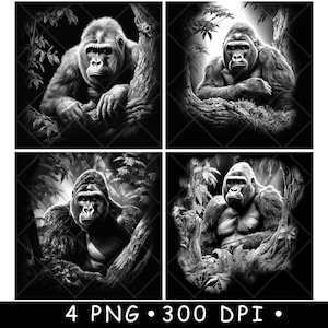 Gorilla Silverback Primate Scimmia Albero Kong Foresta Fauna Selvatica Laser File Coaster Brucia Scala di grigi Ardesia PNG Immagine Incisione Nero Bianco Incisione CO2 Cnc