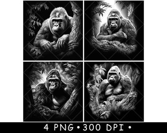 Silverback Gorilla Sitting in Jungle Trees with Powerful Primate Face Digital Download Design