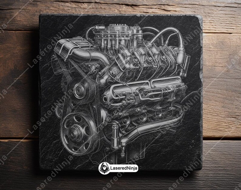 Car Engine Art - Mechanical Engine Illustration for Laser Engraving and ...