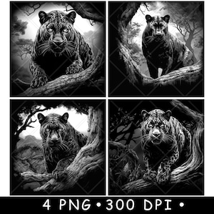 Pantera nera Giungla Albero Tigre Puma Cougar Apex Predator Laser File Coaster Brucia Scala di grigi Ardesia PNG Immagine Incisione Nero Bianco Incisione CO2 Cnc