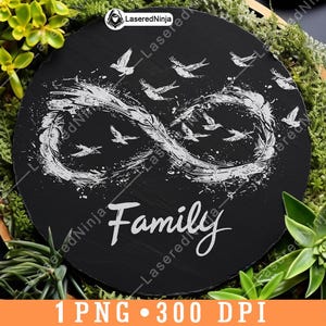 Vogels veren krans familie woord eenheid oneindigheidssymbool laserbestand onderzetter branden grijswaarden leisteen png-afbeelding graveren zwart wit etsen CO2,een