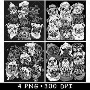 Pug Dog Pet Pup Canine Cute Family Face Cartoon Portrait Laser File Coaster Burn Grayscale Slate PNG Image Engrave Black White Etch CO2 Cnc
