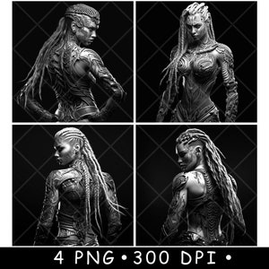 Weiblich Assassin Mutant Hybrid Cyberpunk Anime Zopf Manga Laser Datei Untersetzer Brennen Graustufen Schiefer PNG Bild Gravieren Schwarz Weiß Etch CO2 Cnc
