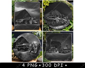 May include: Four black and white slate coasters featuring classic cars and motorcycles parked near a barn. The coasters are square and round, with detailed laser-etched designs. The image includes the text "4 PNG 300 DPI ▲".