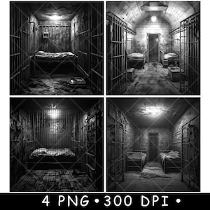 Puede incluir: Cuatro imágenes en blanco y negro de una celda de prisión con una cama y barrotes. Las celdas están vacías y parecen abandonadas.