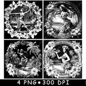 Hawaii Hula Dancer Palm Tree Flower Tropical Island Girl Dessous de verre fichier laser graver en niveaux de gris ardoise Image PNG graver noir blanc gravure CO2 Cnc