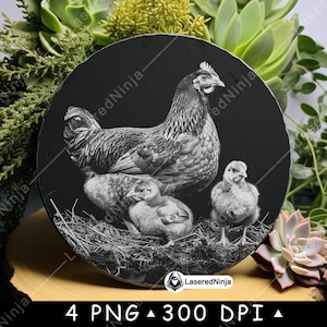 Huhn Familie Baby-Küken mutter Henne Geflügel Bauernhof Laser Untersetzer Brennen Graustufen Schiefer PNG Bild gravieren schwarz weiß Etch CO2 Cnc