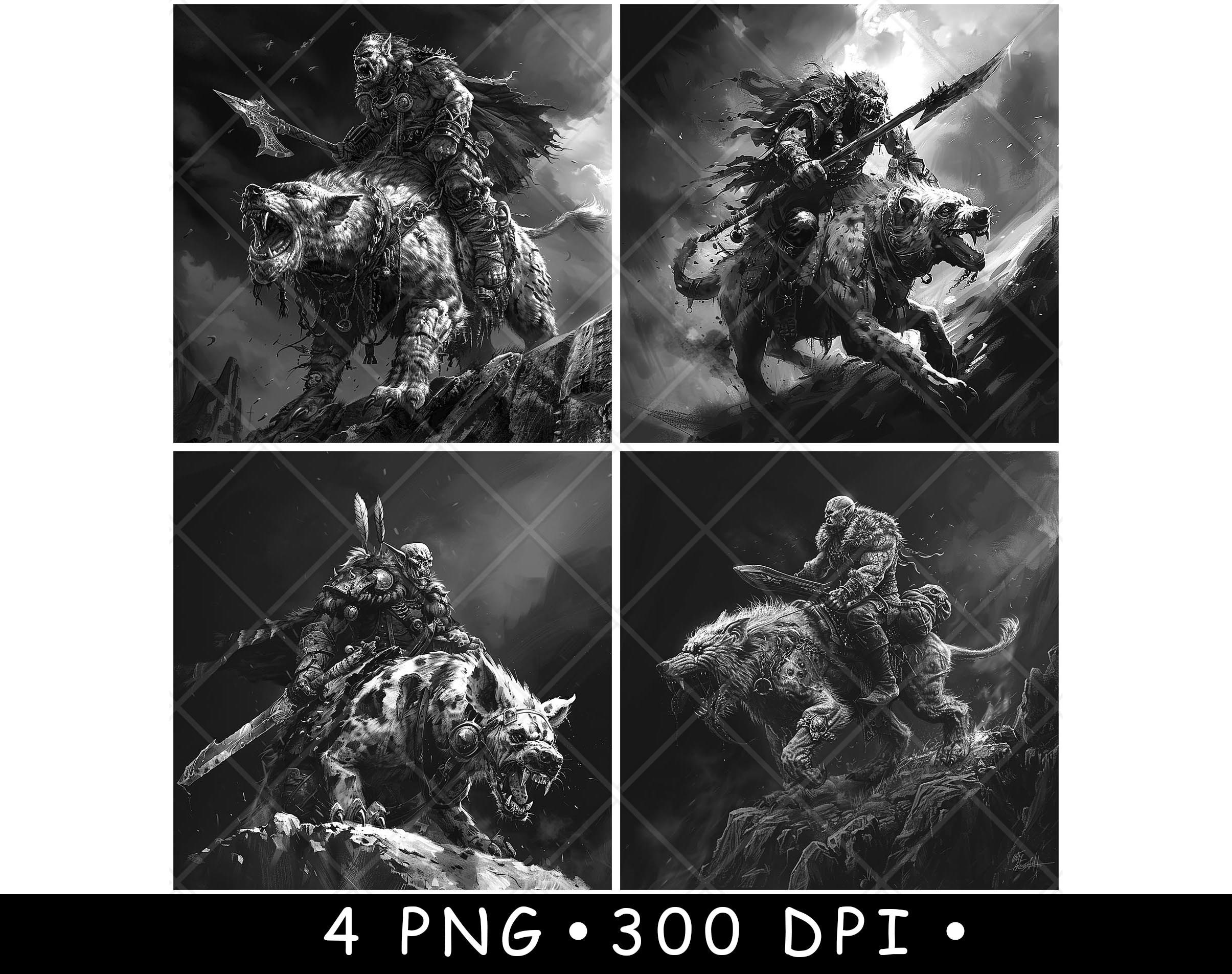 Orc Warrior Riding Fierce Hyena Through Dark Fantasy Battlefield