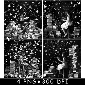 Pile de livres Fille lisant des papillons Bibliothèque de connaissances Fichier laser Dessous de verre graver sur ardoise en niveaux de gris Image PNG Graver noir blanc Etch CO2 Cnc