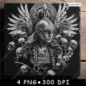 Wikinger Kriegerin Helm Flügel Schädel Mittelalterliche nordische Laser Untersetzer Brennen Graustufen Schiefer PNG Bild Gravieren Schwarz Weiß Etch CO2 Cnc
