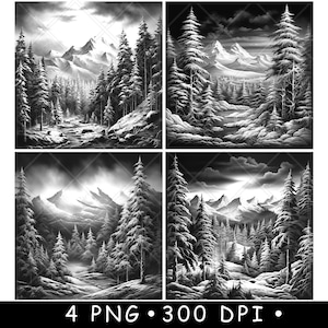 Montagna Neve Scena Invernale Alberi di Pino Sempreverdi Foresta File Laser Sottobicchiere Brucia Scala di Grigi Ardesia Immagine PNG Incisione Nero Bianco Incisione CO2 CNC