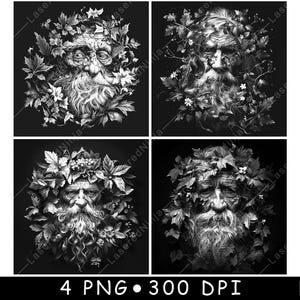 Oude goblin ouderen groene man lommerrijke gezicht portret natuur laserbestand onderzetter branden grijstinten leisteen PNG-afbeelding graveren zwart wit etsen CO2 CNC