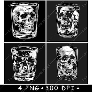 Tête de mort whisky verre squelette tête cocktail boisson horreur fichier laser dessous de verre graver en niveaux de gris ardoise image PNG graver noir blanc gravure CO2 Cnc