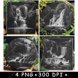 Cascate a cascata Fiume Formazione rocciosa Foresta Cascate File laser Montagne russe Brucia Scala di grigi Ardesia Immagine PNG Incisione Nero Bianco Incisione CO2 Cnc