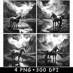 Pferd mustang Araber Bergsee Teich Szene Laser PNG Schiefer Untersetzer Etch Holz brennen Schwarz Weiß Cnc,