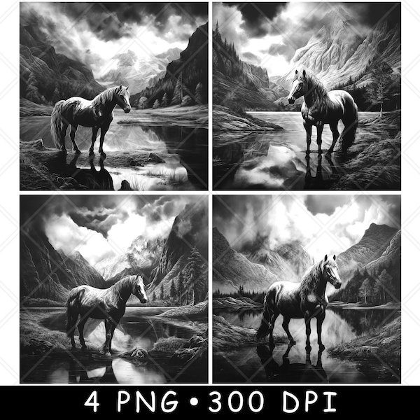 Horse Mustang Arabian Mountain Lake Pond Scene Laser PNG Slate Coaster Etch Wood burn Black White Cnc,Glowforge,LightBurn,CO2 Diode,xtool