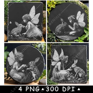 Fee Hase Kaninchen verzauberter Wald magische Flügel Fantasie Laser Untersetzer brennen Graustufen Schiefer PNG Bild gravieren schwarz weiß Etch CO2 Cnc