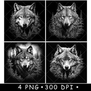 Wolf wild alfa-apex roofdier dieren in het wild hoektand dennenbomen laserbestand onderzetter branden grijswaarden leisteen PNG-afbeelding graveren zwart wit etsen CO2 CNC