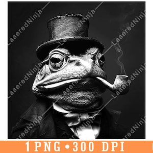 Roken sigaar Dapper kikker Victoriaanse hoed stijlvolle amfibie laserbestand onderzetter branden grijstinten leisteen PNG-afbeelding graveren zwart wit etsen CO2 CNC