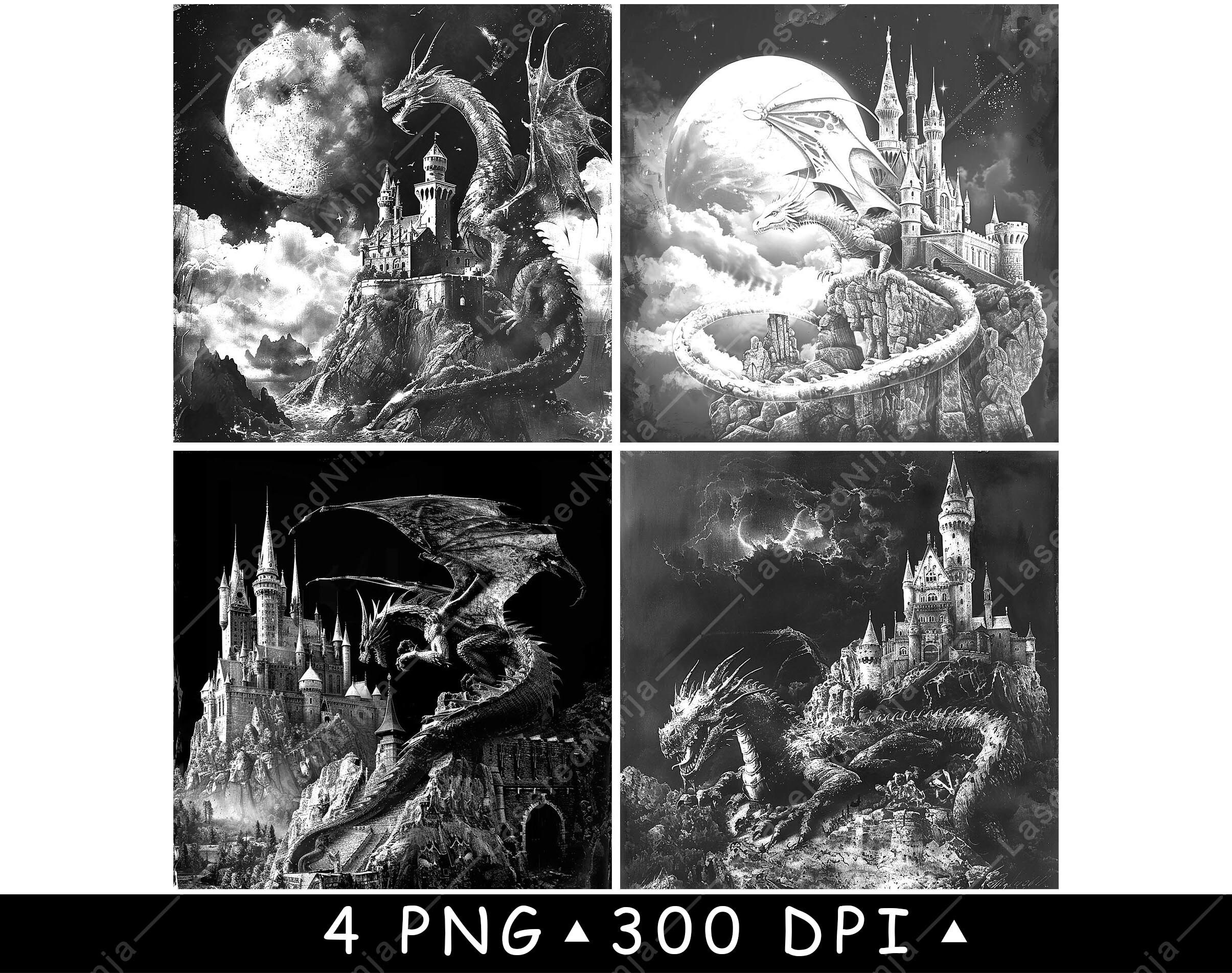 Fantasy Dragon Flying Around Castle Under Full Moon With Mountain ...