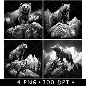 Ours grizzli brun montagne neige hiver arctique Kodiak Art fichier laser sous-verre graver en niveaux de gris Image PNG graver noir blanc ardoise Etch CO2 Cnc