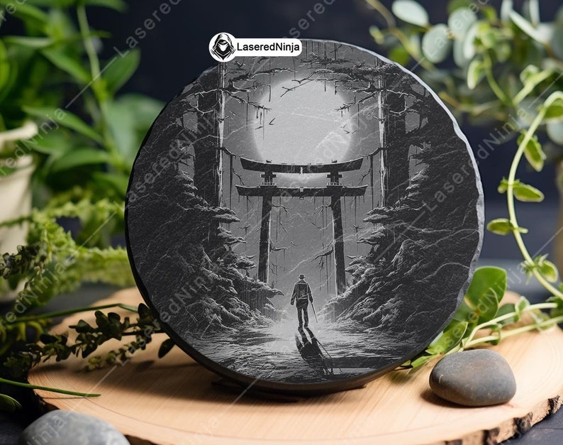 Samurai Torii Gate Giapponese Sacro Ninja Assassino Gateway Sottobicchiere Laser Brucia in scala di grigi Immagine PNG Incidere File in bianco e nero Slate Etch CO2 Cnc immagine 2