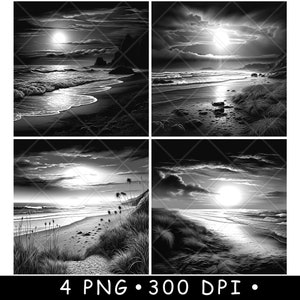 Oceano Alba Tramonto Luna Spiaggia Acqua Mare Orizzonte Scena File Laser Sottobicchiere Brucia Scala di Grigi Ardesia Immagine PNG Incisione Nero Bianco Incisione CO2 CNC