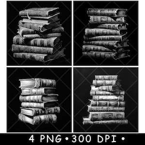 May include: Four black and white illustrations of stacks of antique books. The books have aged, textured covers and are arranged in various configurations against a dark background. The bottom of the image includes the text "4 PNG • 300 DPI •".