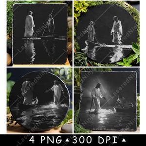 Jesus Christus zu Fuß Wasser Fischer Anhänger Begleiter Laser-Datei Untersetzer Brennen Graustufen Schiefer PNG Bild gravieren schwarz weiß Etch CO2 Cnc