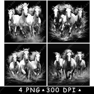 Conjunto de desenhos de cavalos selvagens em galope em preto e branco com efeito de poeira e movimento para gravação a laser, CNC e estêncil.