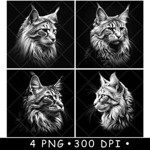Lynx Bobcat Maine Coon kattenkop Wild katachtig roofdier gezicht laserbestand onderzetter branden grijstinten leisteen PNG-afbeelding graveren zwart wit etsen CO2 cnc