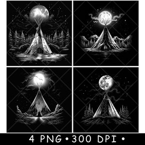 May include: Four black and white illustrations of a teepee under a full moon with stars in the night sky. Each illustration has a different moon and cloud formation.
